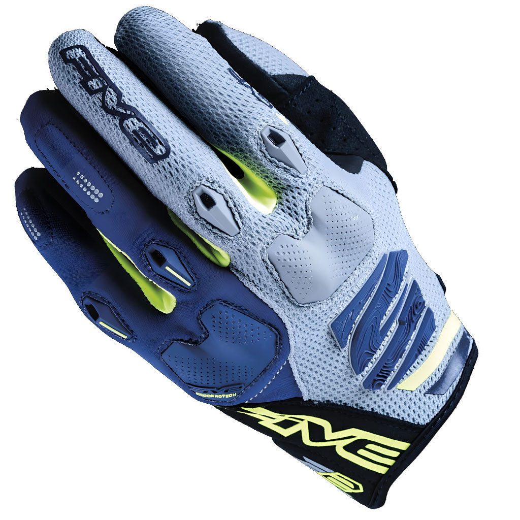 A pair of XVE motocross gloves in light gray and navy blue with neon yellow accents, shown on a plain white background.