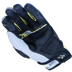 A single motorcycle or cycling glove shown on a plain white background. The glove is primarily black with a white textured grip panel on the back, neon yellow accents, and gray/silver branding and text.