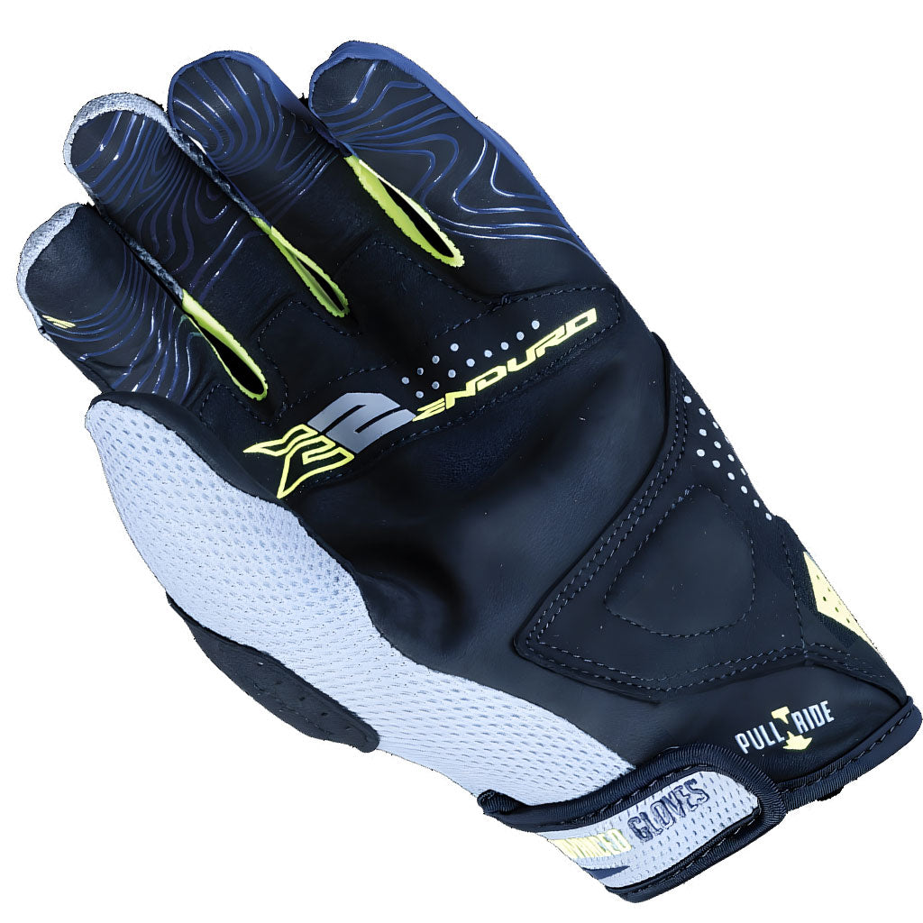 A single motorcycle or cycling glove shown on a plain white background. The glove is primarily black with a white textured grip panel on the back, neon yellow accents, and gray/silver branding and text.
