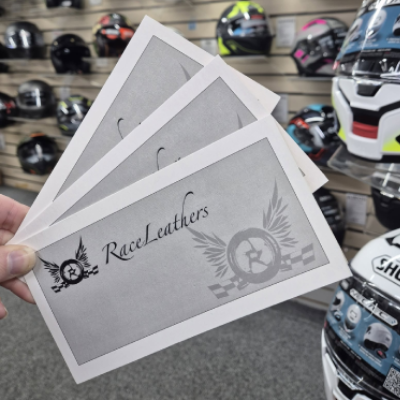 RaceLeathers vouchers held up in Darwen store.