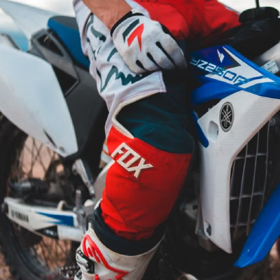 Close up of off road motorcycle trousers.