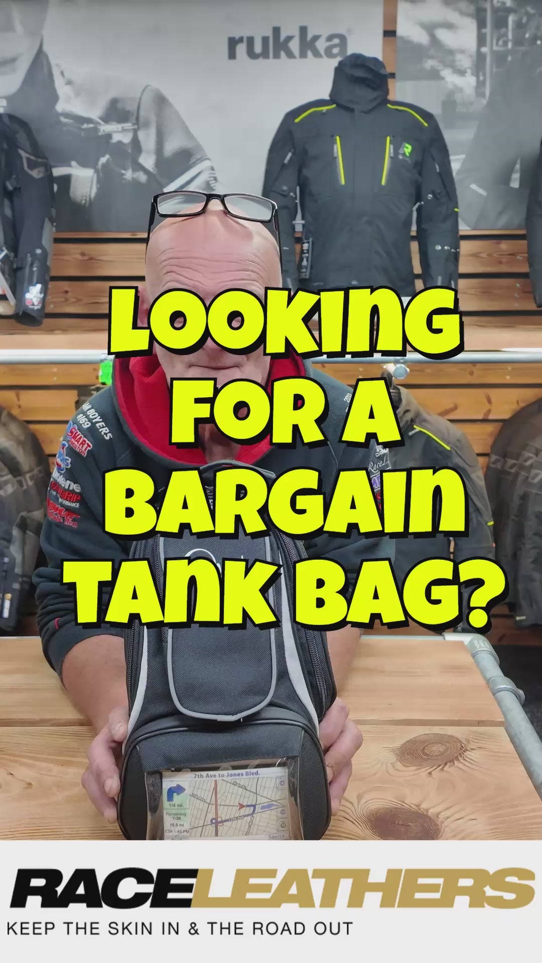 A video showing Keith from RaceLeathers showing the features of a bargain motorcycle tank bag.