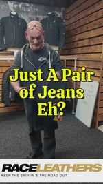 keith from raceleathers is presenting the merlin kildare waterproof motorcycle jeans at the shop in darwen lancashire
