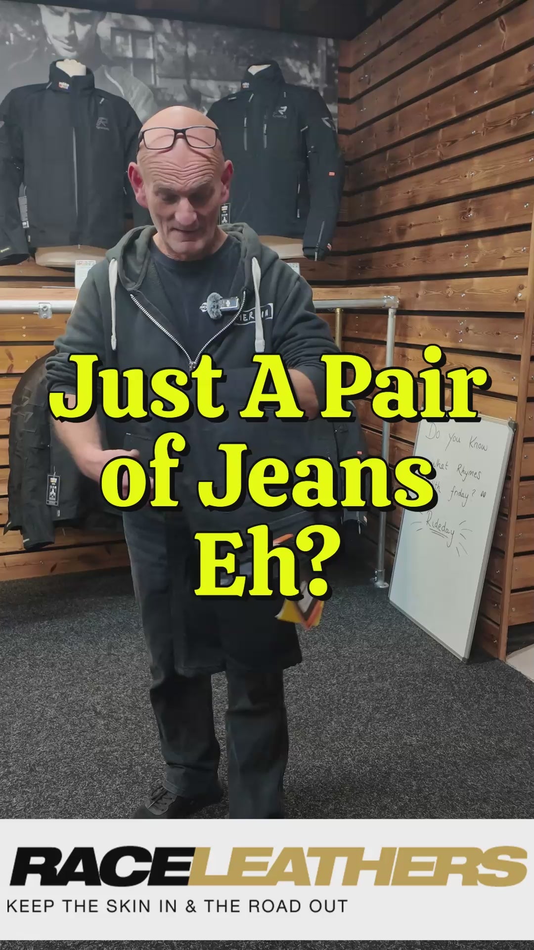 keith from raceleathers is presenting the merlin kildare waterproof motorcycle jeans at the shop in darwen lancashire