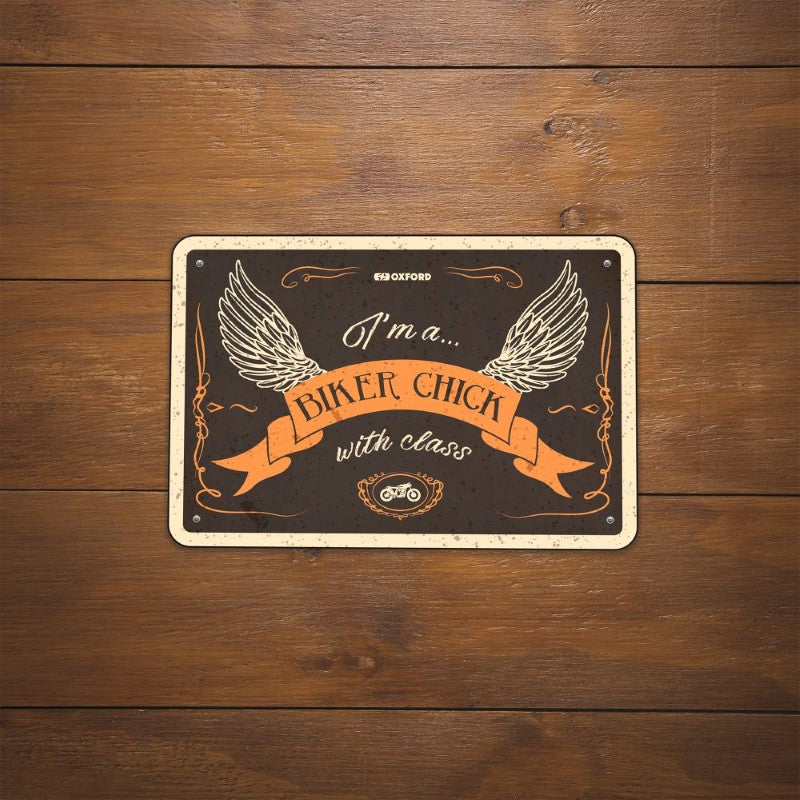 Oxford Garage Metal Sign: BIKER CHICK WITH CLASS