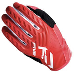 A red motocross or cycling glove with black and white accents, featuring the brand name 'FIVE' and a stylized '5' logo on the back of the hand, set against a plain white background.