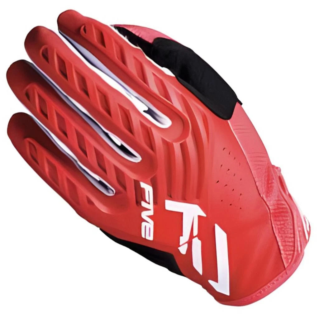 A red motocross or cycling glove with black and white accents, featuring the brand name 'FIVE' and a stylized '5' logo on the back of the hand, set against a plain white background.