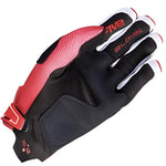 A single cycling glove shown on a plain white background, featuring a black textured palm and back, with a red and black striped wrist section and white accents on the fingers.