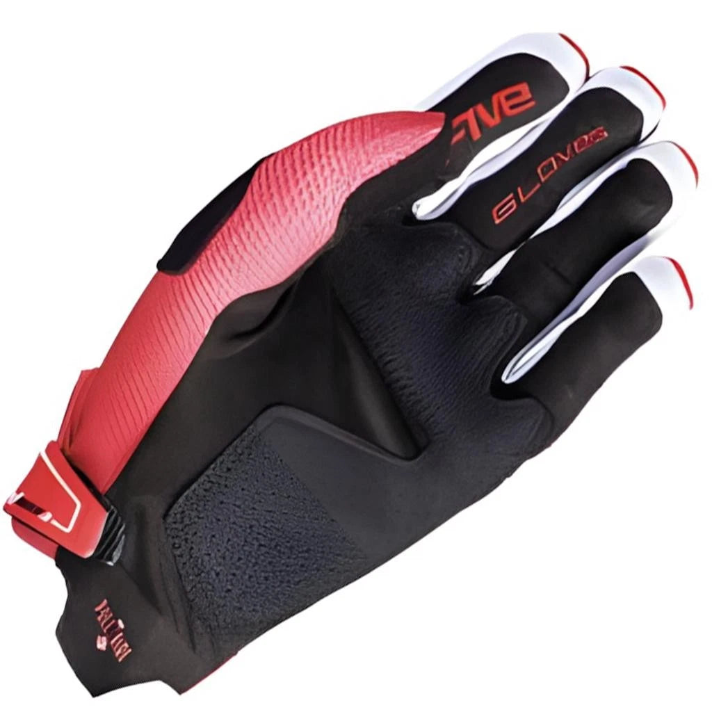 A single cycling glove shown on a plain white background, featuring a black textured palm and back, with a red and black striped wrist section and white accents on the fingers.
