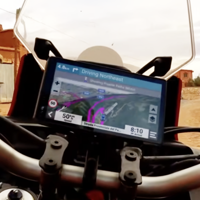 Garmin sat nav on motorcycle handlebars.