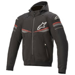 Black jacket with red and gray accents on a white background