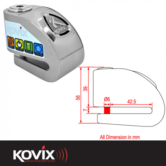 Kovix 6mm KD Alarm Disc Lock - Brush Metal Security - SKU KOVKD6BM