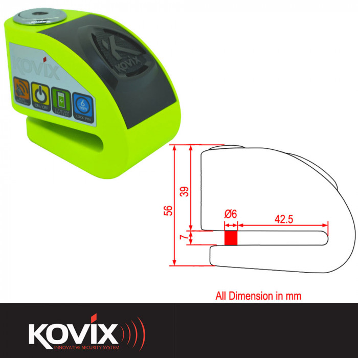 Kovix 6mm KD Alarm Disc Lock - Fluo Green Security £64.99