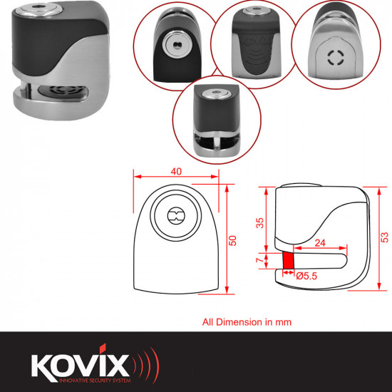 Kovix 6mm USB Alarm Disc Lock - Brush Metal