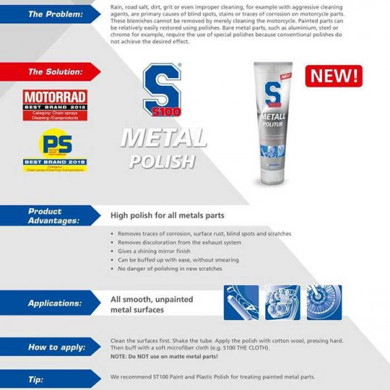 S100 Metal Polish 100ml £13.99 Road Bike Accessories - SKU DW2405 from RaceLeathers Motorcycle Clothing