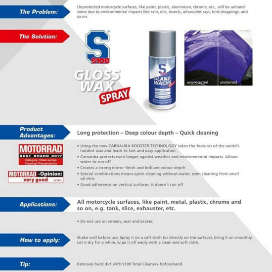 S100 Gloss Wax Spray - 250ml £13.99 Road Bike Accessories - SKU DW2470 from RaceLeathers Motorcycle Clothing