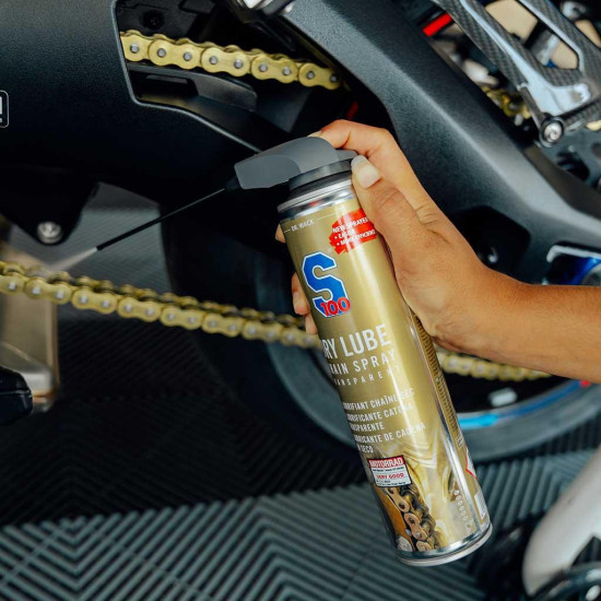 S100 Dry Lube Chain Spray 400ml  Motorcycle Chain Lubricant £19.99 Accessories - SKU DW3457 from RaceLeathers Motorcycle Clothing