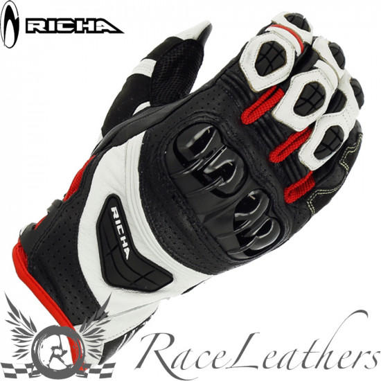 Richa Stealth Black White Red Mens Motorcycle Gloves - SKU 081/STLTH/BR/02